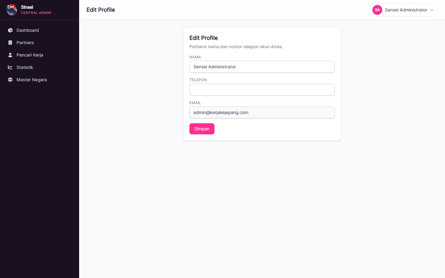 Edit profile admin.
