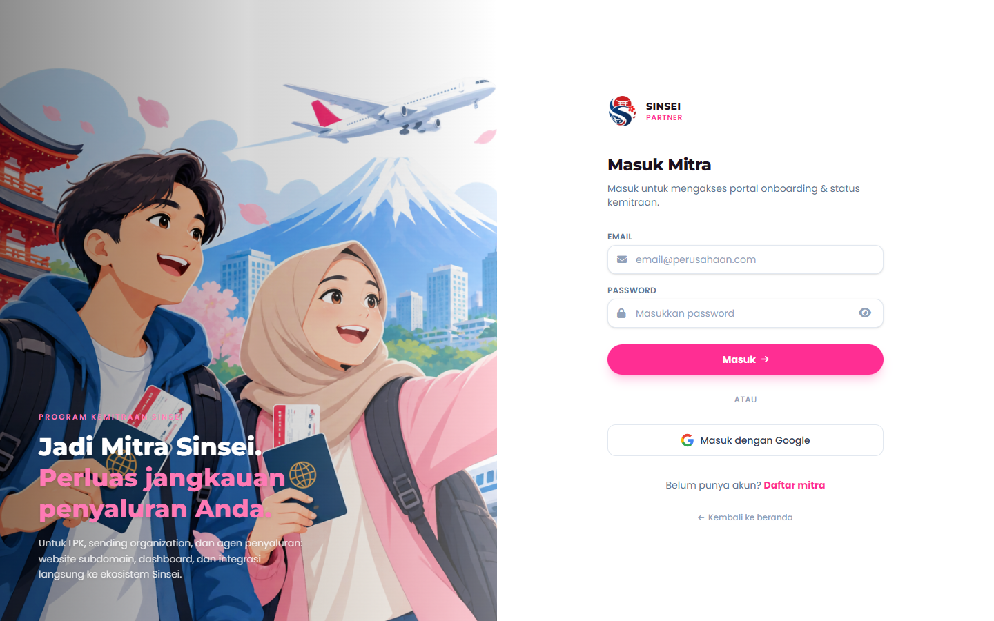 Halaman masuk portal mitra.