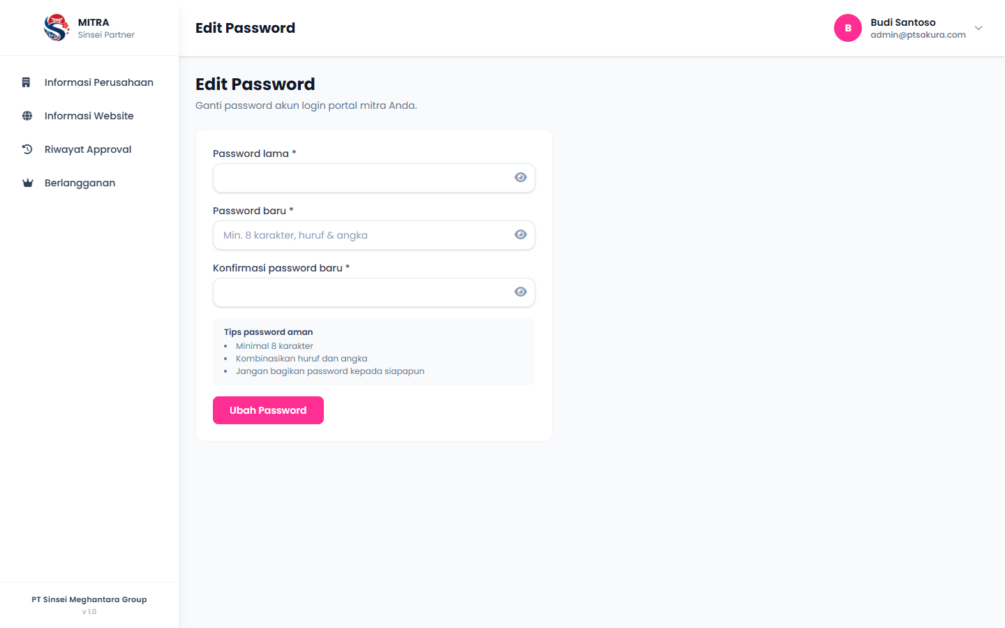 Ganti password akun mitra.