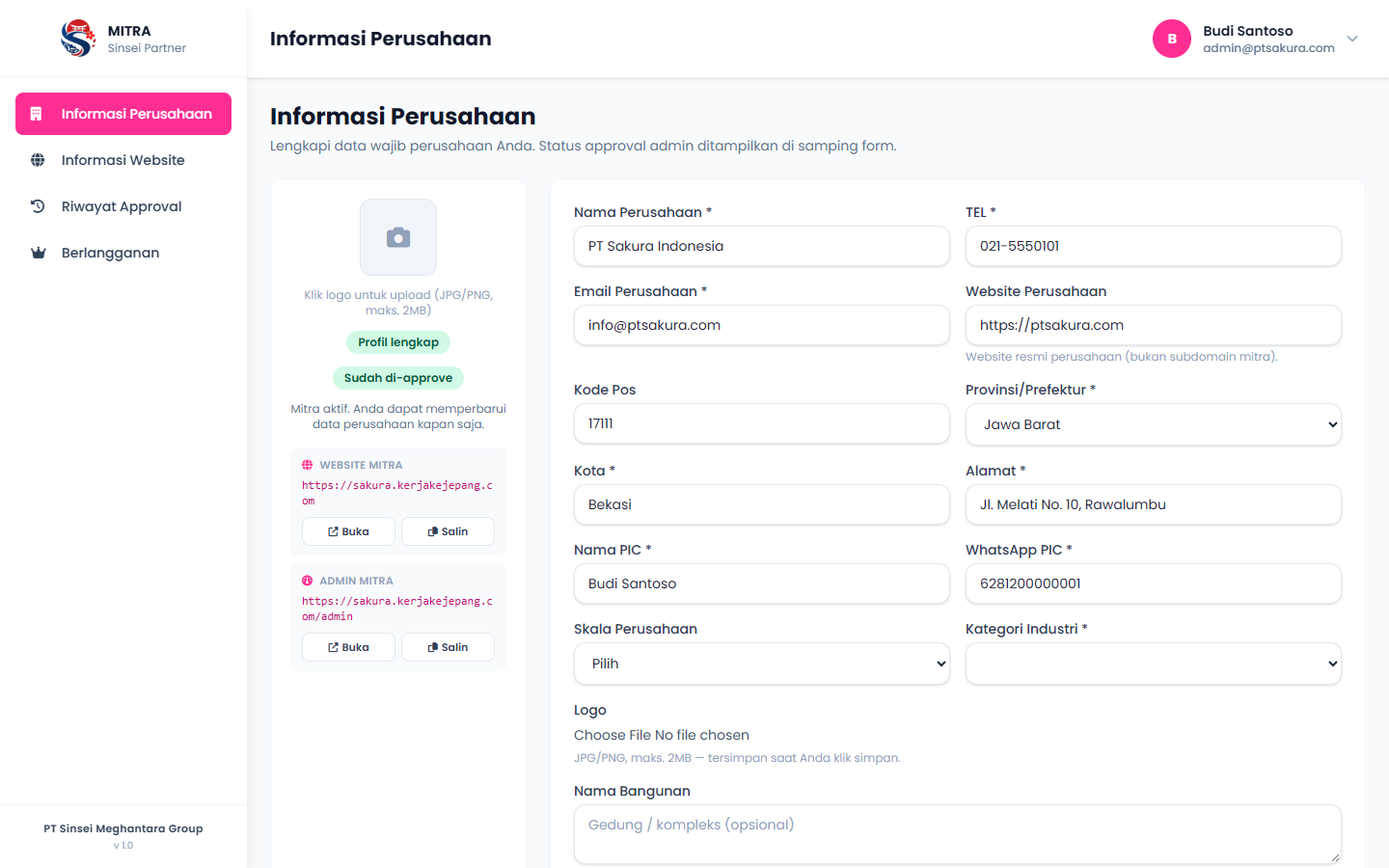 Informasi perusahaan di portal mitra yang sudah disetujui.