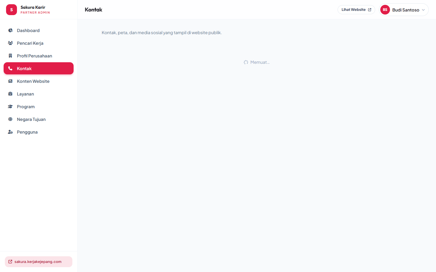 Data kontak yang tampil di website.