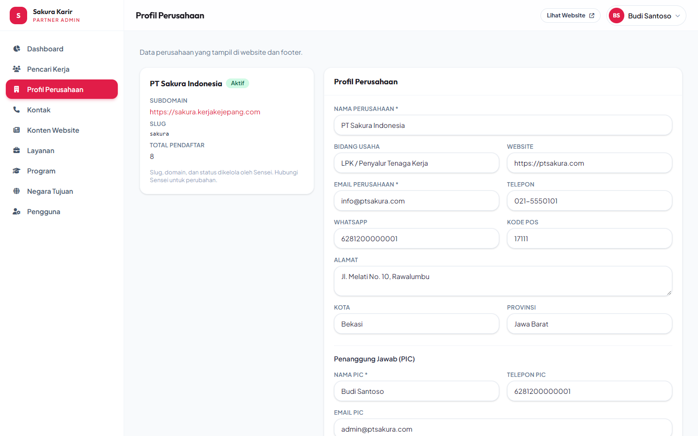 Profil perusahaan di Partner Admin.