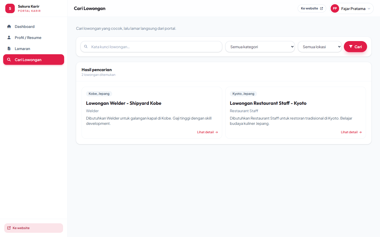 Lowongan yang bisa dilamar dari portal.
