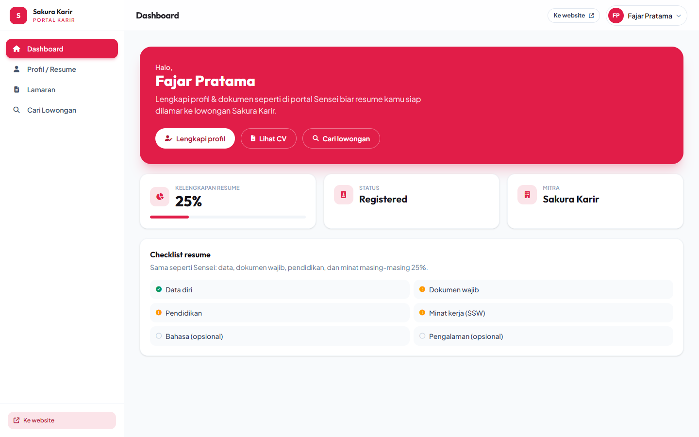 Dashboard portal pencari kerja.